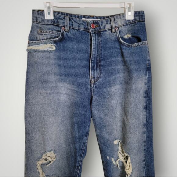 Zara High Rise 90s Full Length Jeans Size 6 Distressed Midwash Raw Hem Classic - Picture 2 of 11